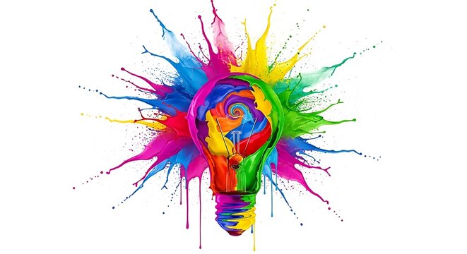 A colorful lightbulb exploding with vibrant paint splashes, symbolizing creativity and bright ideas.