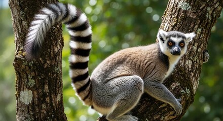Obraz premium Captivating ring-tailed lemur perched gracefully on a tree branch, showing its distinctive black and white striped tail and expressive eyes