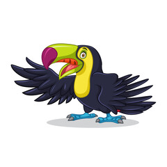 Fototapeta premium A cute of bird toucan is flapping its wings while smiling.