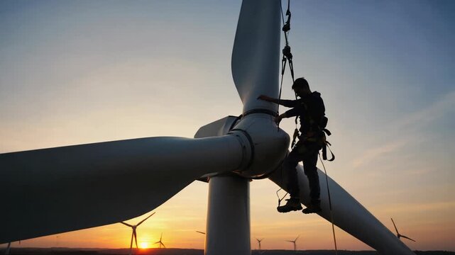 Wind Turbine Technician Performing Maintenance on a Blade at Sunset, Safety Harness, Renewable Energy, Industrial Work.