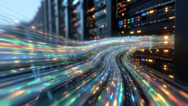 Fiber optic cables glow with vibrant, dynamic light