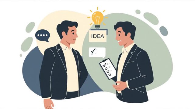 Two formally dressed businessmen engage in a crucial professional discussion involving digital checklist review and idea generation symbolizing collaborative strategy and successful agreement in a mod