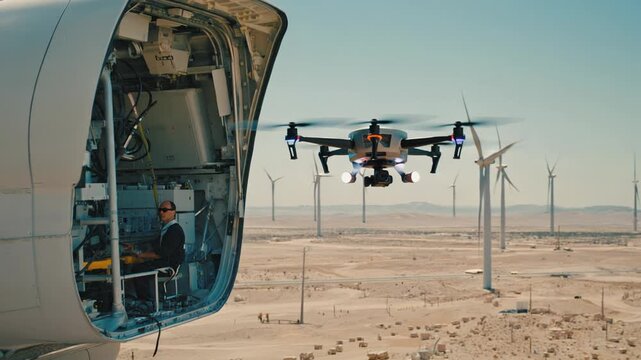 Engineer Inspecting Wind Turbine Blade &ndash; Detailed Inspection and Maintenance of Renewable Energy Infrastructure in Desert Landscape