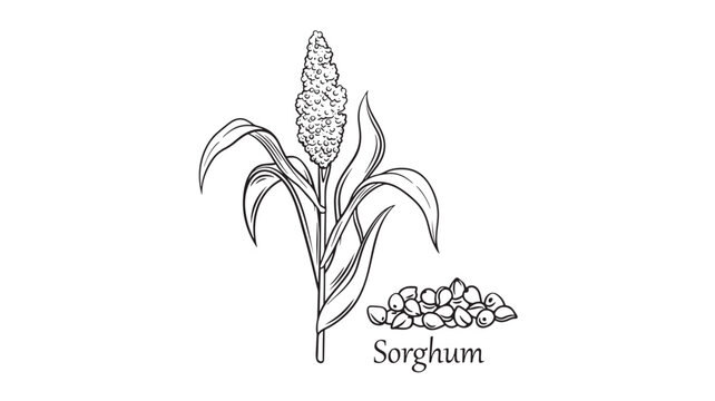 Sorghum plant and seeds illustration in a simple black and white line drawing style. featuring grain, cereal, stalk with leaves and seed head