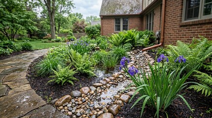 Sustainable backyard rain garden for passive rainwater harvesting and ground infiltration.
