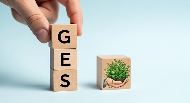 Hand arranging wooden blocks spelling GES with a small potted plant nearby on a light blue background.
