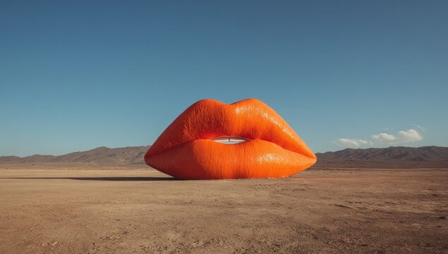 Giant Inflatable Lips in Desert Landscape.