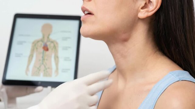 Doctor examining a woman's swollen lymph nodes, medical professional assessing for enlarged glands during a health examination, lymphatic system on tablet screen, diagnosis