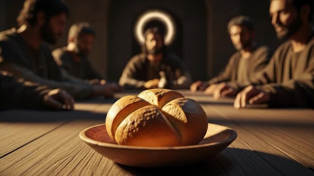 Jesus Christ and the apostles gather for the Last Supper, a sacred religious moment in theology, Bible narrative, communion, shared bread, spiritual reflection.