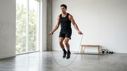 Man jumping rope in gym, Man in black workout gear jumping rope in a modern gym with large windows and exercise equipment