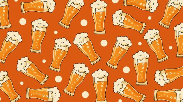 Repeating beer glass pattern with frothy foam and bubbles on a vibrant background. Perfect for brewery advertising, bar promotions, Oktoberfest themes, beverage branding, and festive party visuals.
