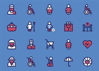 Fototapeta premium Set of twenty colorful health and elderly care icons showcasing various people figures medical facilities and mobility aids arranged on a blue background.
