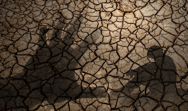 Cracked earth and shadows depicting drought conditions