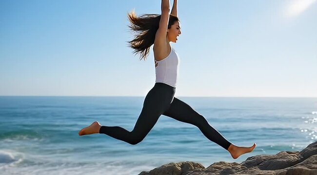 Energetic woman leaping joyfully on a rocky coast with ocean backdrop