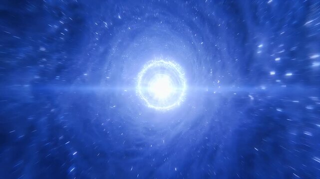 Abstract wormhole light speed travel background with glowing portal and stars