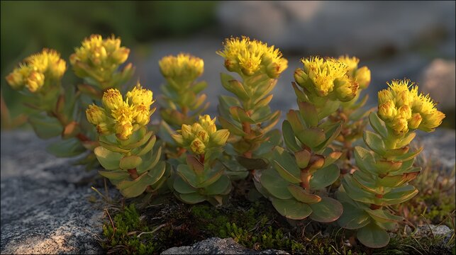 rhodiola. Rhodiola plants with yellow flowers growing from a crack in high-altitude granite. gardening catalogs, home-decor guides, designed for gardening and botanical catalogs.