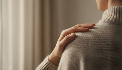 A gentle, reassuring hand on a shoulder provides comfort and emotional support, representing a mental wellness concept for empathy and care