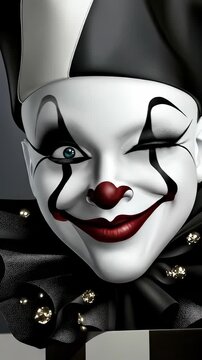 A whimsical jester character with a mischievous smile and striking blue eyes, embodying the playful spirit of April Fools' Day pranks and lighthearted hoaxes