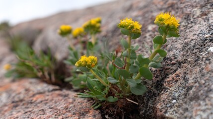 Obraz premium rhodiola. Rhodiola plants with yellow flowers growing from a crack in high-altitude granite. gardening catalogs, home-decor guides, designed for gardening and botanical catalogs.