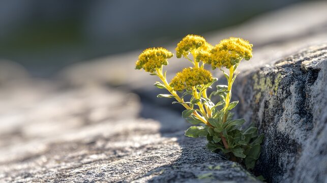 rhodiola. Rhodiola plants with yellow flowers growing from a crack in high-altitude granite. gardening catalogs, home-decor guides, designed for gardening and botanical catalogs.