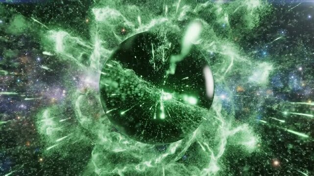 Abstract Green Energy Sphere Pulsing in Deep Space Nebula, Cosmic Phenomenon