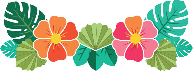 Tropical floral border with colorful hibiscus flowers and green monstera leaves vector illustration © Vector World