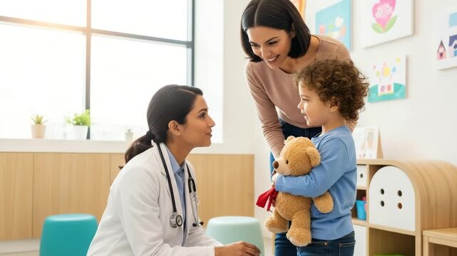 A compassionate female doctor gently interacts with a shy young boy, who holds his teddy bear for comfort, while his attentive mother stands closely by during a pediatric check-up in a modern clinic.
