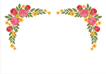 Obraz premium Floral border frame with pink roses and yellow daisies on white background for invitations and greeting cards