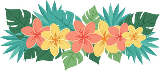 Tropical floral border with colorful hibiscus flowers and green palm leaves, summer vector illustration © Vector World