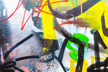 Abstract graffiti art - bright red, yellow, green, black spray paint on textured wall. Urban street style, colorful dynamic, modern 2000s, funky expression. Poster, flyer, digital art, creative banner