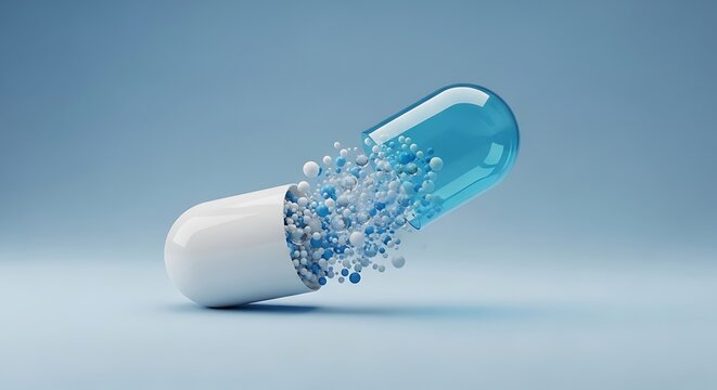 Open capsule releasing blue and white particles on blue background
