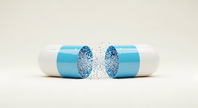 Blue capsule breaking open releasing medication particles