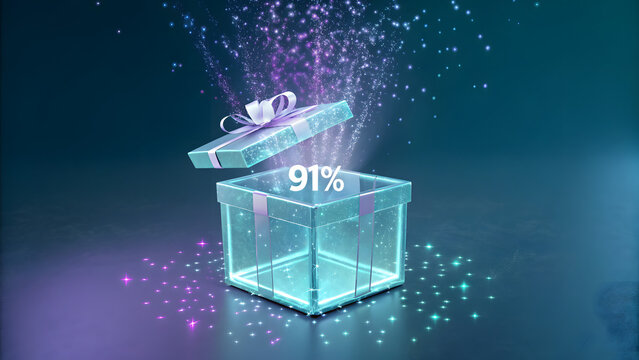 Holographic gift box with 91 percent discount glowing futuristic transparent sale offer