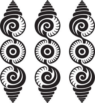 Set of Three Vertical Tribal Abstract Vector Patterns &ndash; Ornate Black and White Maori Inspired Swirl Designs with Koru and Shell-Like Elements for Tattoos, Textile Prints, and Border Decor