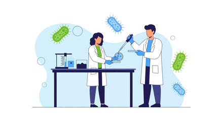 Scientists studying bacteria in a laboratory, with microscopic organisms floating around.