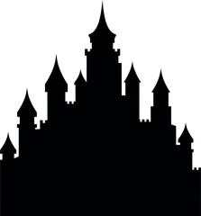 Obraz premium Black Silhouette of Fantasy Castle with Towers and Spires Isolated on White Background