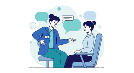 Two people in conversation, one is a therapist or counselor, discussing issues.