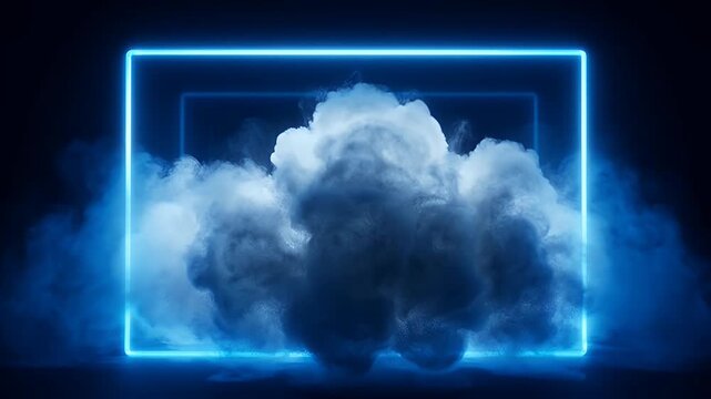 Futuristic glowing blue neon frame with smoke and mist on a dark background