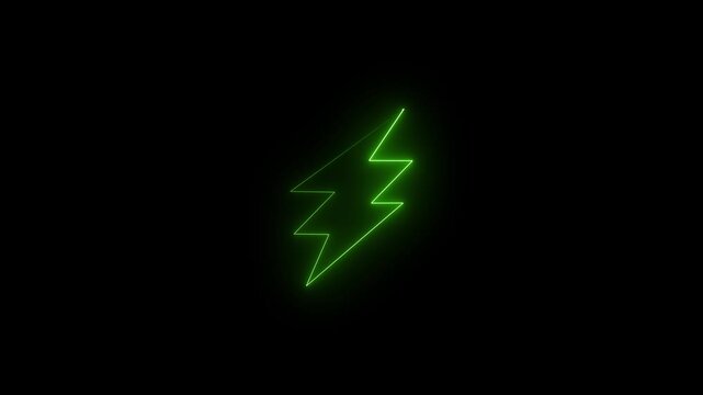 Glowing neon lightning bolt futuristic energy symbol animation . Green color icon on black background.