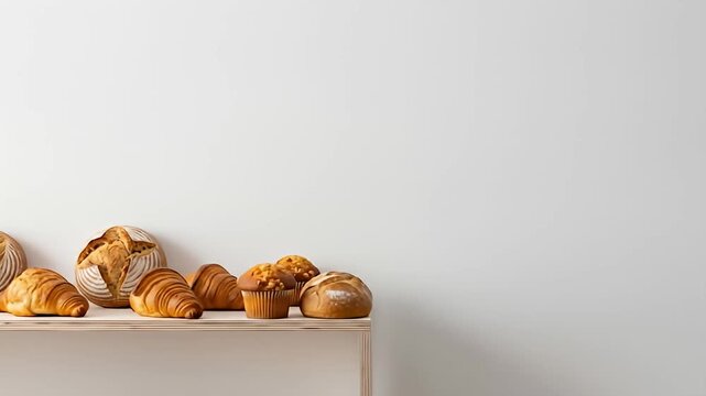 Freshly baked pastries arranged on a wooden shelf against a minimalist white background