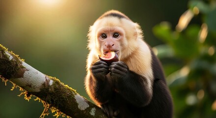 Naklejka premium Captivating White-Faced Capuchin Monkey Enjoying a Fig on a Jungle Branch with Sunlit Backdrop