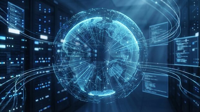 Advanced global digital network concept illustrating secure international data streaming and intelligent information flow within a high-tech server environment