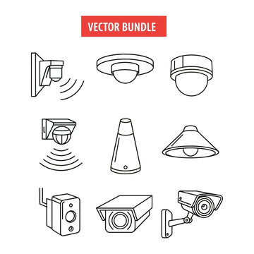 A set of security camera icons in a minimalist line art style