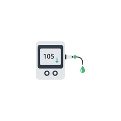 A vector graphic illustration of a blood glucose monitor with a green test strip