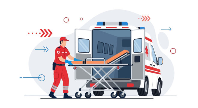 Paramedic with Stretcher by Ambulance, Emergency Medical Services, Healthcare Concept