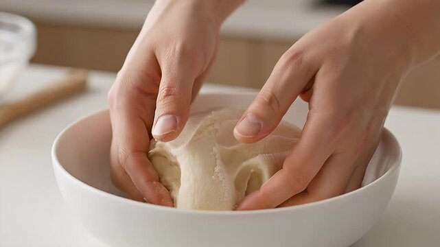 Close up image showing hands kneading dough in a white bowl