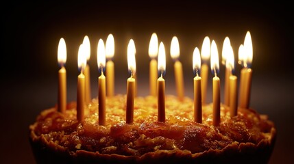 icing. A festive birthday cake with glowing candles, creating a cozy and celebratory ambiance in soft light. symbolizing life milestones and joyful moments.
