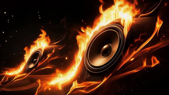 Powerful cinematic speakers blasting intense sound waves with fire, and explosive stage pyrotechnics. Dramatic music energy with burning speakers, glowing heat, and extreme bass.
