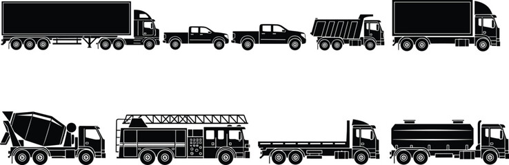 Set of heavy vehicle silhouettes including semi truck fire engine ambulance pickup truck concrete mixer dump truck flatbed and fuel tanker for industrial logistics design © MdMeherul