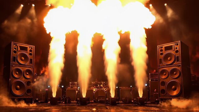 Powerful cinematic speakers blasting intense sound waves with fire, and explosive stage pyrotechnics. Dramatic music energy with burning speakers, glowing heat, and extreme bass.